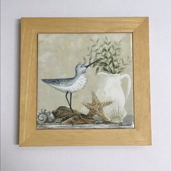 Vintage Diane Arthurs Framed Ceramic Tile Trivet Sandpiper Shells 8x8” Wall Art - Picture 1 of 14